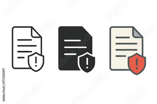 Vulnerability Report Icons. Minimalist vulnerability report icon: three identical document with shield icons in a row, first in