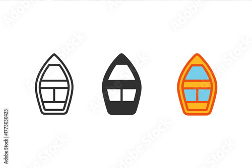 Minimal Boat Icons. Minimalist boat icon: three identical small boats with simple hulls in a row, first in line style with thin