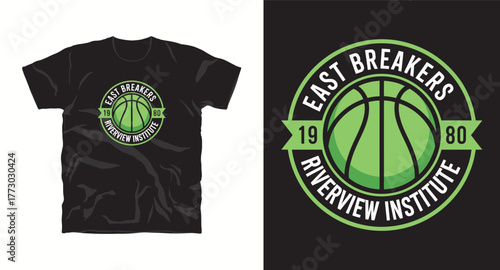 East Breakers Riverview Institute T-Shirt Design Vector Basketball Apparel Graphic Print Logo Emblem Badge Circle Typography 1980 Green Black White