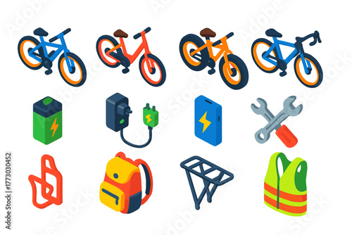 Electric Bicycle Icons. Isometric vector illustration set electric bicycle: commuter e-bike, step-through frame e-bike, fat tire e