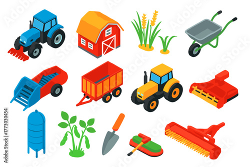 Colorful Farming Icons. Isometric vector illustration set agriculture: blue plowing tractor, modern barn, rice plants, wheelbarrow