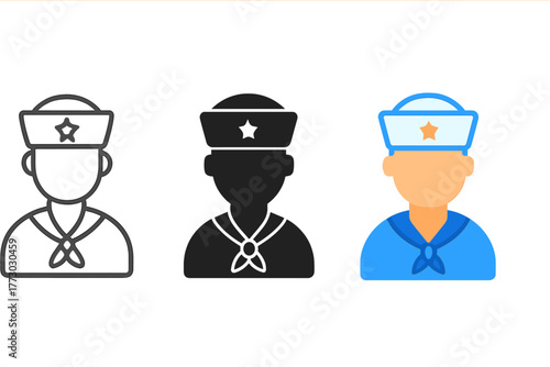 Minimalist Sailor Icons. Minimalist sailor icon: three identical sailor figure icons in a row, first in line style with thin