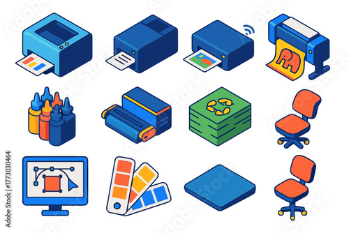 2D Printing Technology Icons. Isometric vector illustration set 2D printing, design, and technology: office printer, home printer,