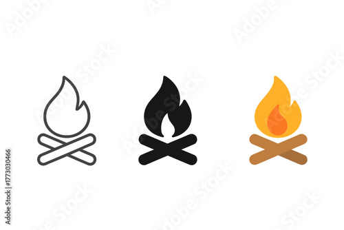 Trio of Campfire Icons. Minimalist campfire icon: three identical campfire icons in a row, first in line style with thin outline,