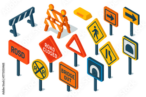 Vibrant Safety Icons. Isometric vector illustration set Safety and Warning: police barrier, traffic barricade, reflective road