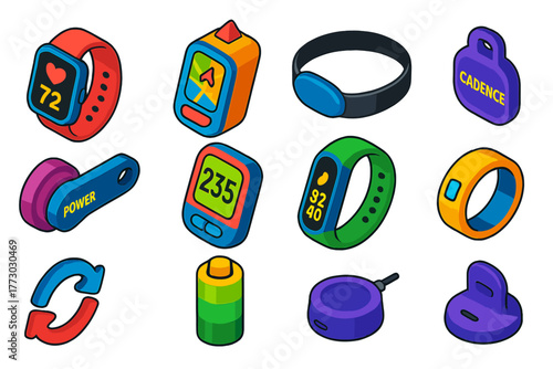 Fitness Tech Icons. Isometric vector illustration set Fitness and Workout Essentials: fitness smartwatch, GPS tracker, chest strap