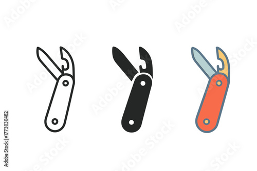 Minimalist Multitool Trio. Minimalist emergency tool icon: three identical multitools in a row, first in line style with thin