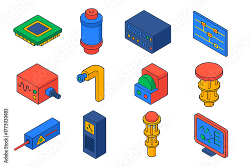 Quantum Processor Components. Isometric vector illustration set Quantum Processor Components: superconducting chip, cryogenic