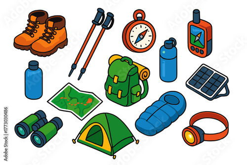 Eco Adventure Essentials. Isometric vector illustration set Hiking and Eco Adventures: hiking boots, trekking poles, compass, GPS