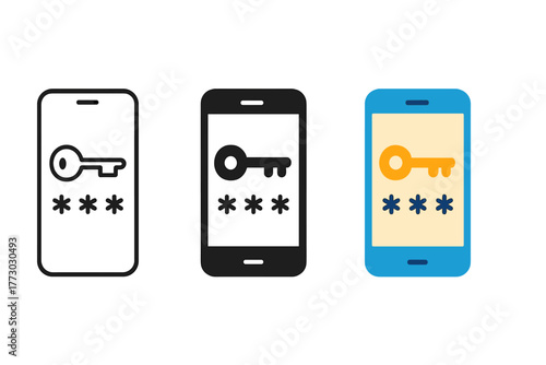 Two-Factor Authentication Icons. Minimalist two-factor authentication icon: three identical smartphone with key code icons in a