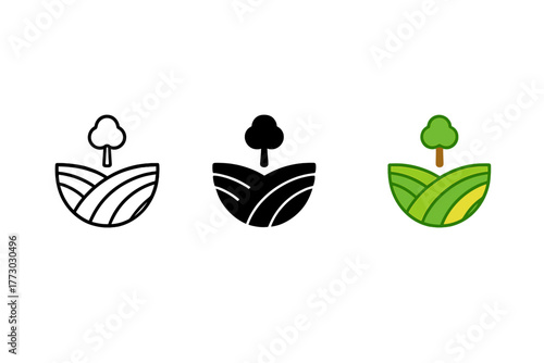 Minimalist Vineyard Icons. Minimalist vineyard icon: three identical vineyard row icons in a row, first in line style with thin
