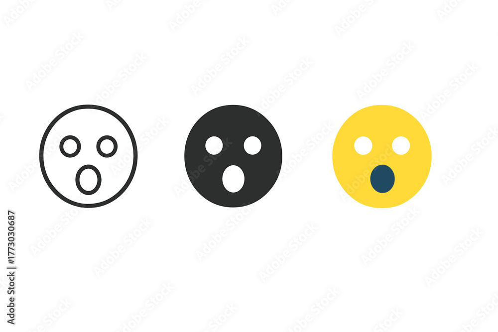 Fototapeta premium Surprised Face Trio. Minimalist surprised icon: three identical surprised faces with wide open eyes and round mouth in a row,