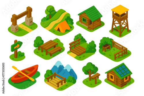 National Park Icons Set. Isometric vector illustration set National Park Tourism: park entrance gate, hiking trail, camping tent,