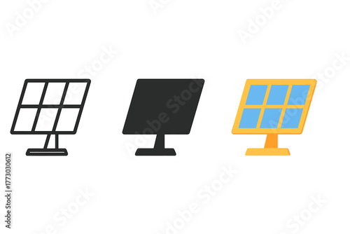 Solar Panel Icons. Minimalist solar panel icon: three identical rectangular solar panels tilted at an angle in a row, first in