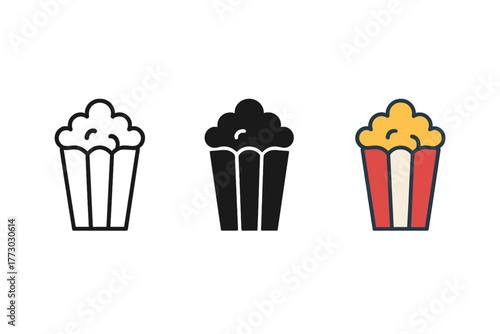 Minimalist Popcorn Icons. Minimalist popcorn icon: three identical popcorn box icons in a row, first in line style with thin