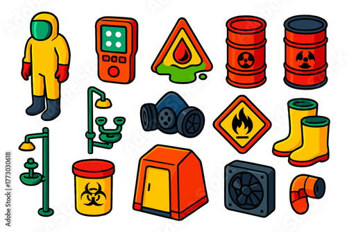 Chemical Safety Icons. Isometric vector illustration set Chemical and Hazardous Material Emergency: hazmat suit, gas detector,