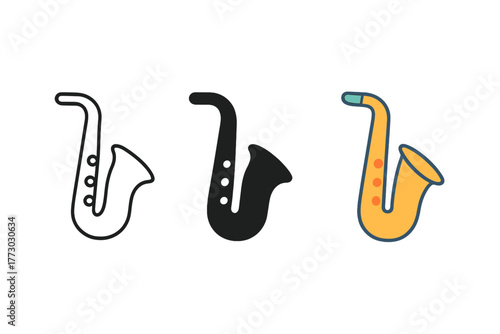 Minimalist Saxophone Trio. Minimalist saxophone icon: three identical saxophones in curved shape in a row, first in line style