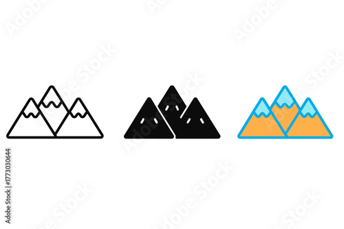 Minimalist Mountain Trio. Minimalist mountain icon: three identical mountain peaks with snow caps in a row, first in line style