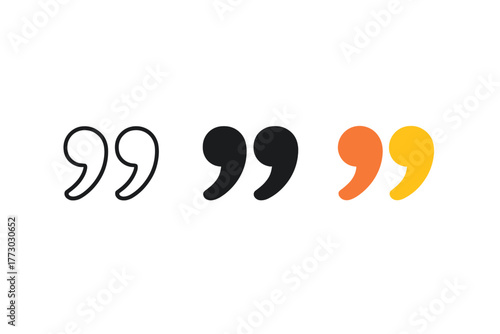 Curved Quote Icons. Minimalist curved quote icon: three identical curved quotation marks in a row, first in line style with thin