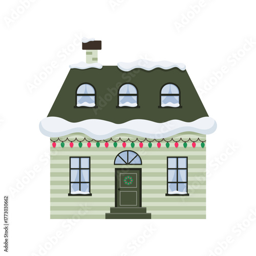 Isolated green winter  house in european style with garlands and snow on white background. Facade of building. Cartoon  facade. Colorful house. Old city manor. Flat design. Vector illustration