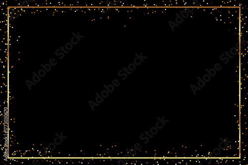 Backdrop template with golden frame and  glitter on black background. Celebration background.Decoration template. Designe for advertising, marketing, shops, social media, web, postcards. Vector 