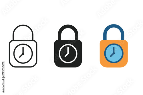 Futuristic Clock Locks. Minimalist chrono lock icon: three identical futuristic locks with clock motifs in a row, first in line