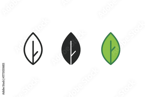 Minimalist Tea Leaves. Minimalist tea leaf icon: three identical tea leaves in a row, first in line style with thin outline,