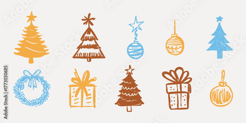 Set of colorful hand drawn sketchy Christmas doodles with trees, gifts, ornaments. Fun minimal festive vector illustration.