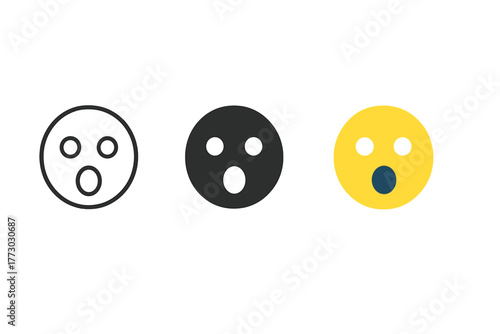 Surprised Face Trio. Minimalist surprised icon: three identical surprised faces with wide open eyes and round mouth in a row,