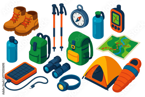 Eco Adventure Essentials. Isometric vector illustration set Hiking and Eco Adventures: hiking boots, trekking poles, compass, GPS