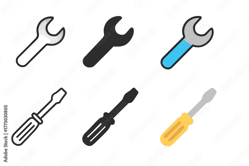 Naklejka premium Minimalist Tool Icons. Linear minimalistic wrench icon: open-end wrench outline, uniform line thickness, no fill, Solid wrench