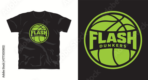 Black Tshirt Mockup with Green Basketball Logo Design Vector Template. Flash Dunkers Apparel Isolated. Modern Sport Fashion Outfit for Men and Women. Clothing and Casual Wear