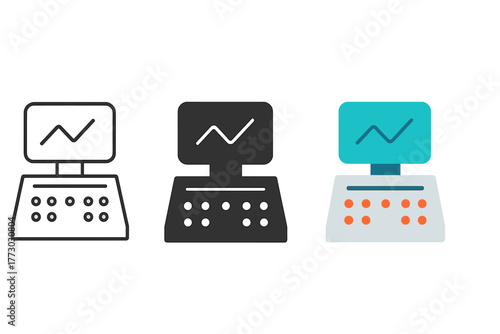 Mission Control Icons. Minimalist mission control icon: three identical control panel with screens icons in a row, first in line
