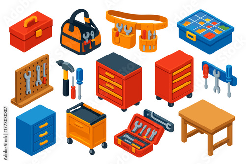 Isometric Tool Collection. Isometric vector illustration set Tools: toolbox, tool bag, tool belt, parts organizer, pegboard, tool