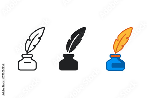 Quills and Inkpots Evolution. Minimalist publishing logo icon: three identical quill and inkpot icons in a row, first in line
