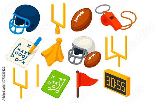 Football Icon Set. Isometric vector illustration set American football: navy helmet, textured football, tall field goal, whistle