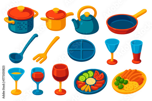 Vibrant Kitchen Icons. Isometric vector illustration set Kitchen and Dining Elements: stockpot strainer, enamel saucepan, stovetop