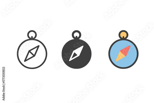 Compass Icons Trio. Minimalist compass direction icon: three identical compass icons in a row, first in line style with thin