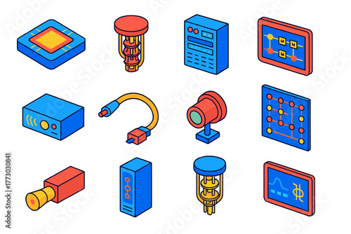 Quantum Processor Components. Isometric vector illustration set Quantum Processor Components: superconducting chip, cryogenic