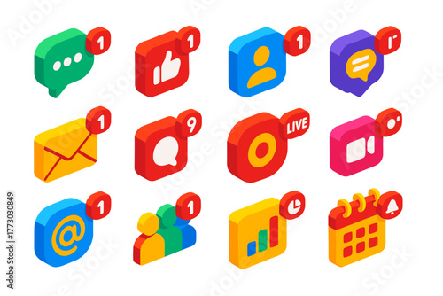 Vibrant App Alerts. Isometric vector illustration set App Notifications: chat app alert, social media like notification, follower
