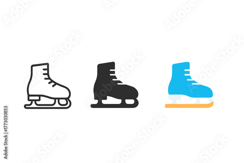 Ice Skate Icon Trio. Minimalist skate rental icon: three identical ice skates icons in a row, first in line style with thin
