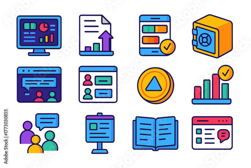 DAO Tools Icons. Isometric vector illustration set DAO and Community Tools: DAO dashboard, proposal submission icon, voting power