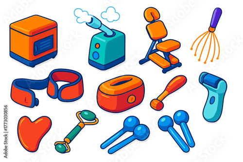 Grooming Tool Icons. Isometric vector illustration set Hairdressing and Grooming Tools: hot towel steamer, facial steamer, massage