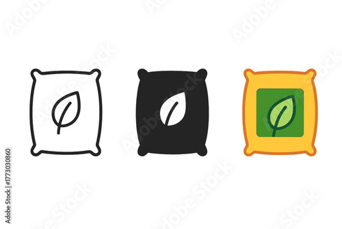 Fertilizer Icon Trio. Minimalist fertilizer icon: three identical fertilizer bag icons in a row, first in line style with thin