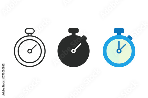Minimalist Stopwatch Styles. Minimalist stopwatch icon: three identical stopwatches with top button in a row, first in line style