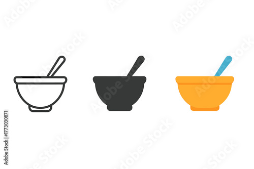 Mixing Bowl Trio. Minimalist mixing bowl icon: three identical mixing bowl with spoon icons in a row, first in line style with