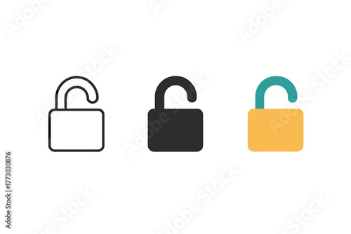 Minimalist Padlock Trio. Minimalist unlock icon: three identical open padlocks in a row, first in line style with thin outline,