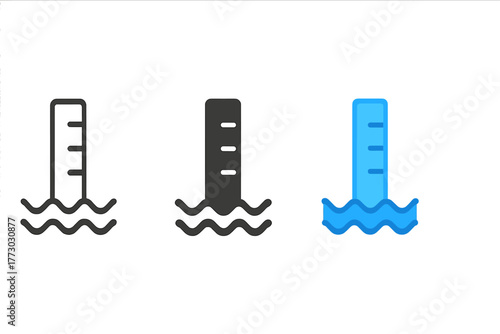 Minimalist Tide Icons. Minimalist tide gauge icon: three identical tide measurement icons in a row, first in line style with thin