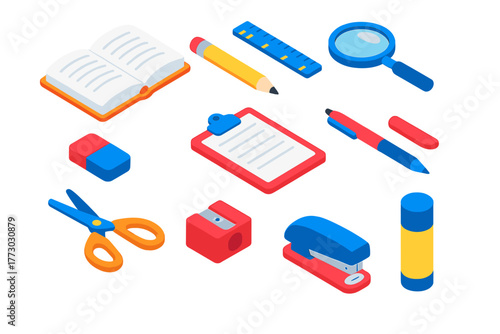 Colorful Stationery Icons. Isometric vector illustration set Stationery: open book, pencil, ruler, eraser, magnifier, clipboard,