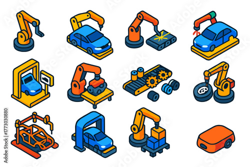 Automotive Robotics Icons. Isometric vector illustration set Automotive Manufacturing Automation: robotic arm, car assembly line,